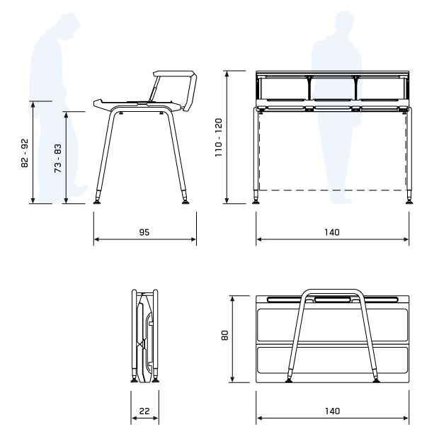 General dimensions for the Justincase Mobile bar single set in the open and closed positions